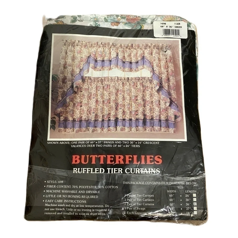 Vintage Butterflies Ruffled Tier Curtains 60x36” Teal Blue Floral Pink